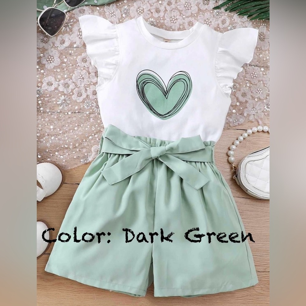 2pc Pure Green Heart sleeveless white top & shorts set w/ tie belt /Size: 5-6yrs